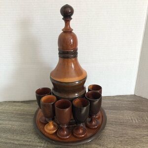 Vtg MCM Wooden Decanter and Glass Set